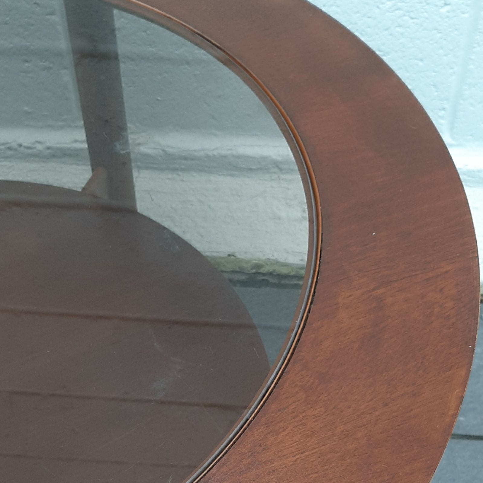 Schreiber Mid Century Modern Round Circular Coffee Table Glass Topped Solid Teak Legs photo Furniture