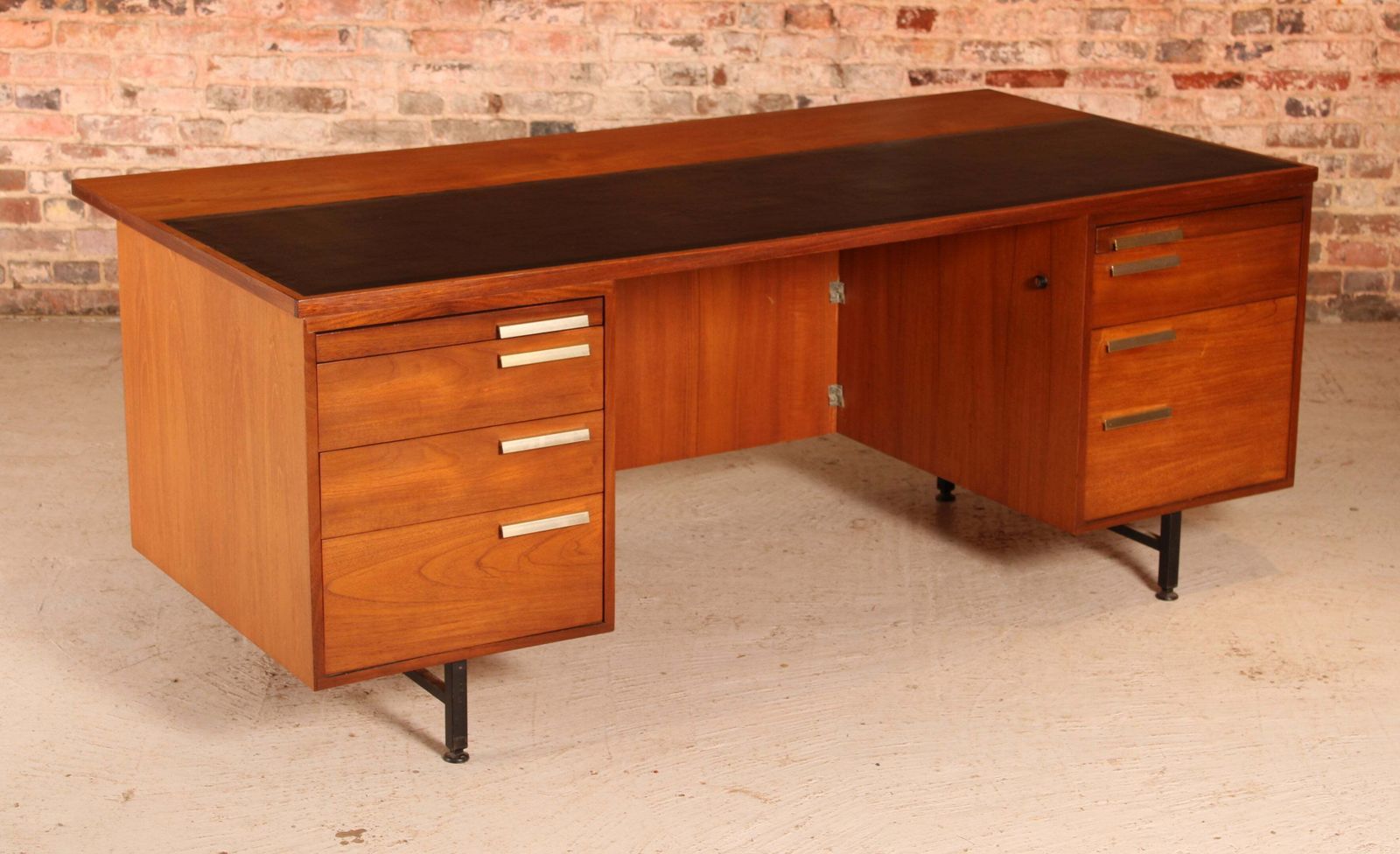 British Mid Century Executive Teak Desk With Brass Handles, Circa 1970s photo for sale