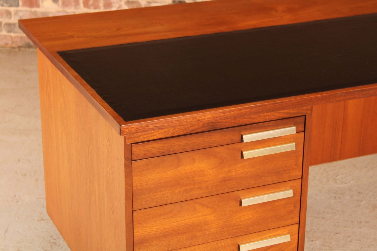 British Mid Century Executive Teak Desk With Brass Handles, Circa 1970s photo Furniture