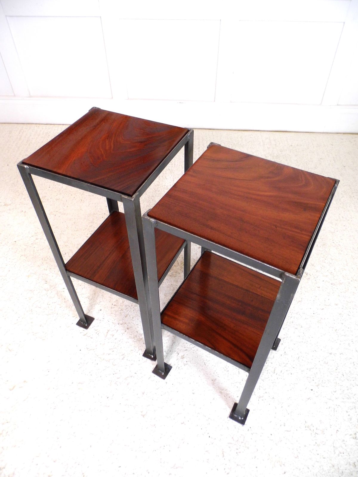 Pair Of Vintage Industrial Chic Ex Engineering Works Stands With Flamed Mahogany photo furniture