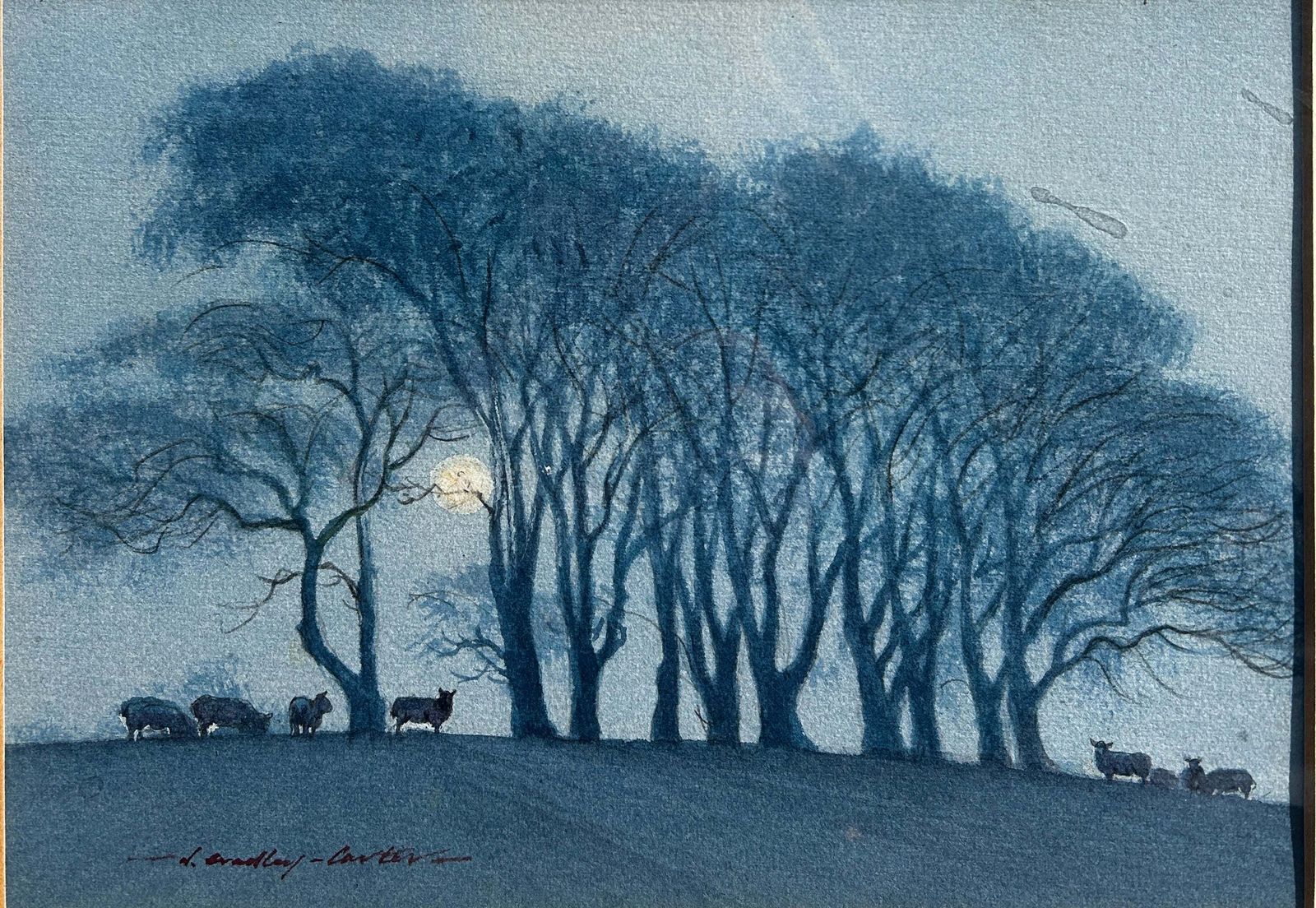 Nicolas Bradley Carter B 1924 Sheep On A Hill Under A Full Moon Watercolour
