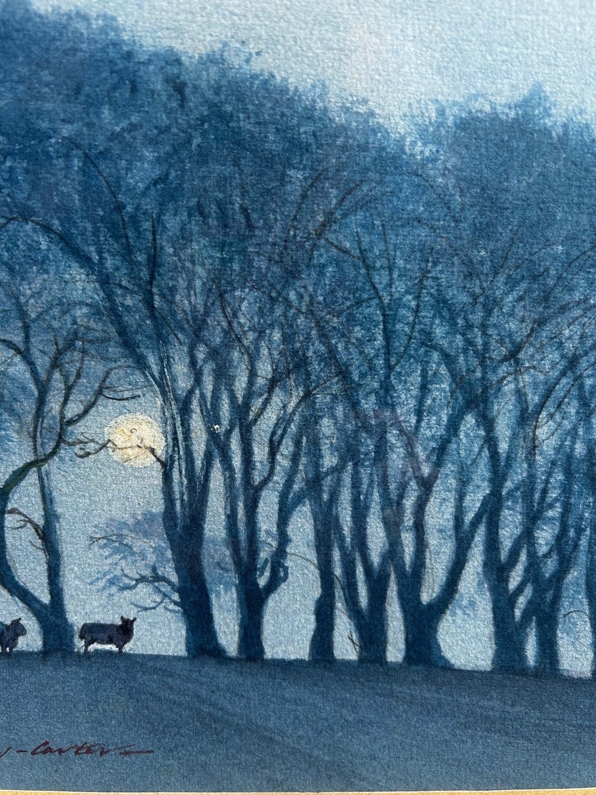 Nicolas Bradley Carter B 1924 Sheep On A Hill Under A Full Moon Watercolour photo Art
