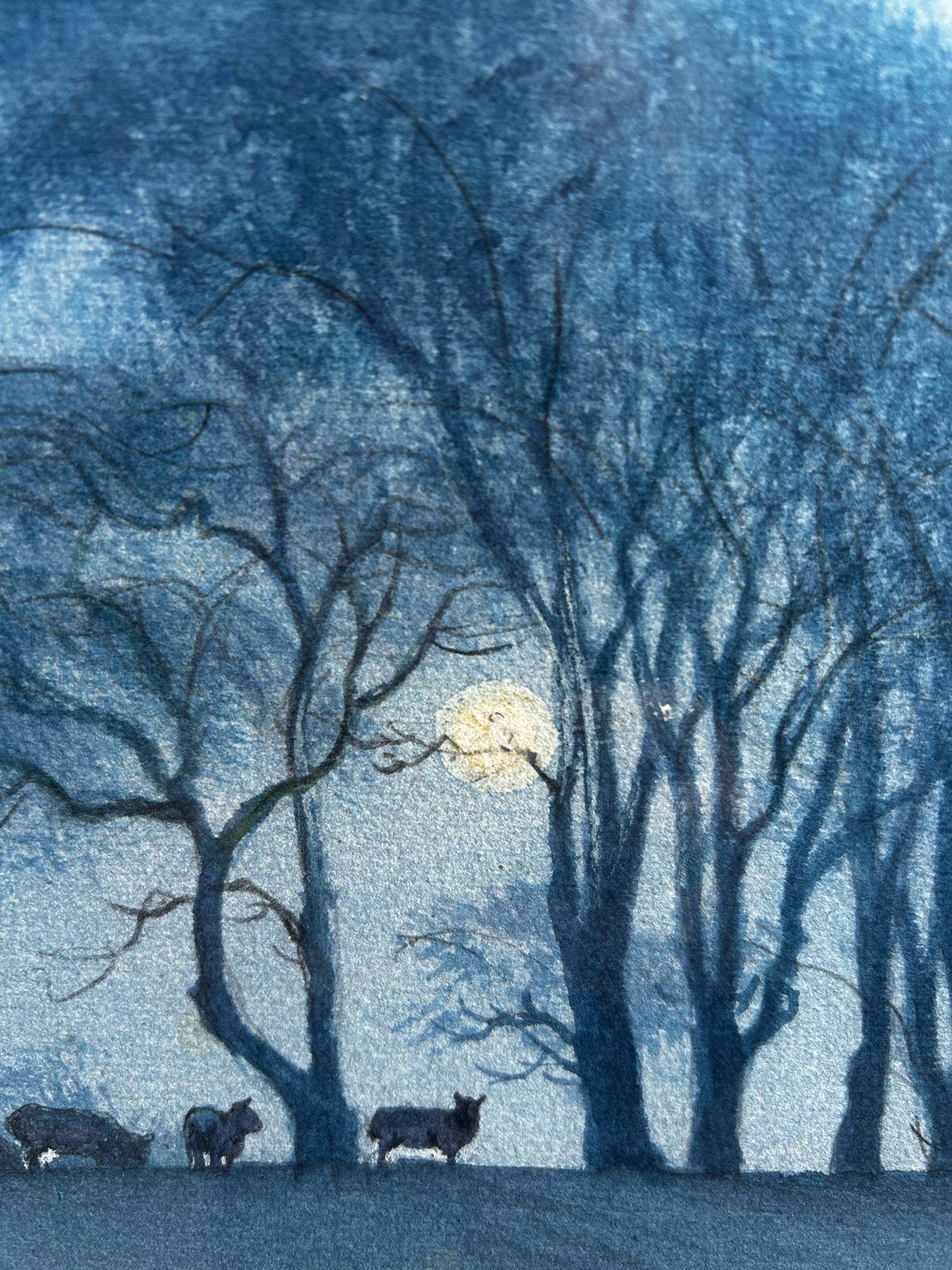Nicolas Bradley Carter B 1924 Sheep On A Hill Under A Full Moon Watercolour photo vintage
