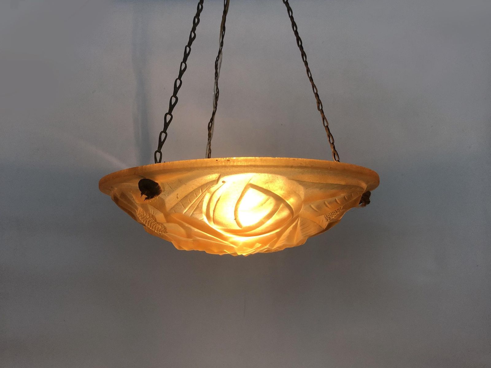 Antique Degue Chandelier, Art Deco Single Light Glass Molded Bowl Pendant. Signed Degué France photo furniture
