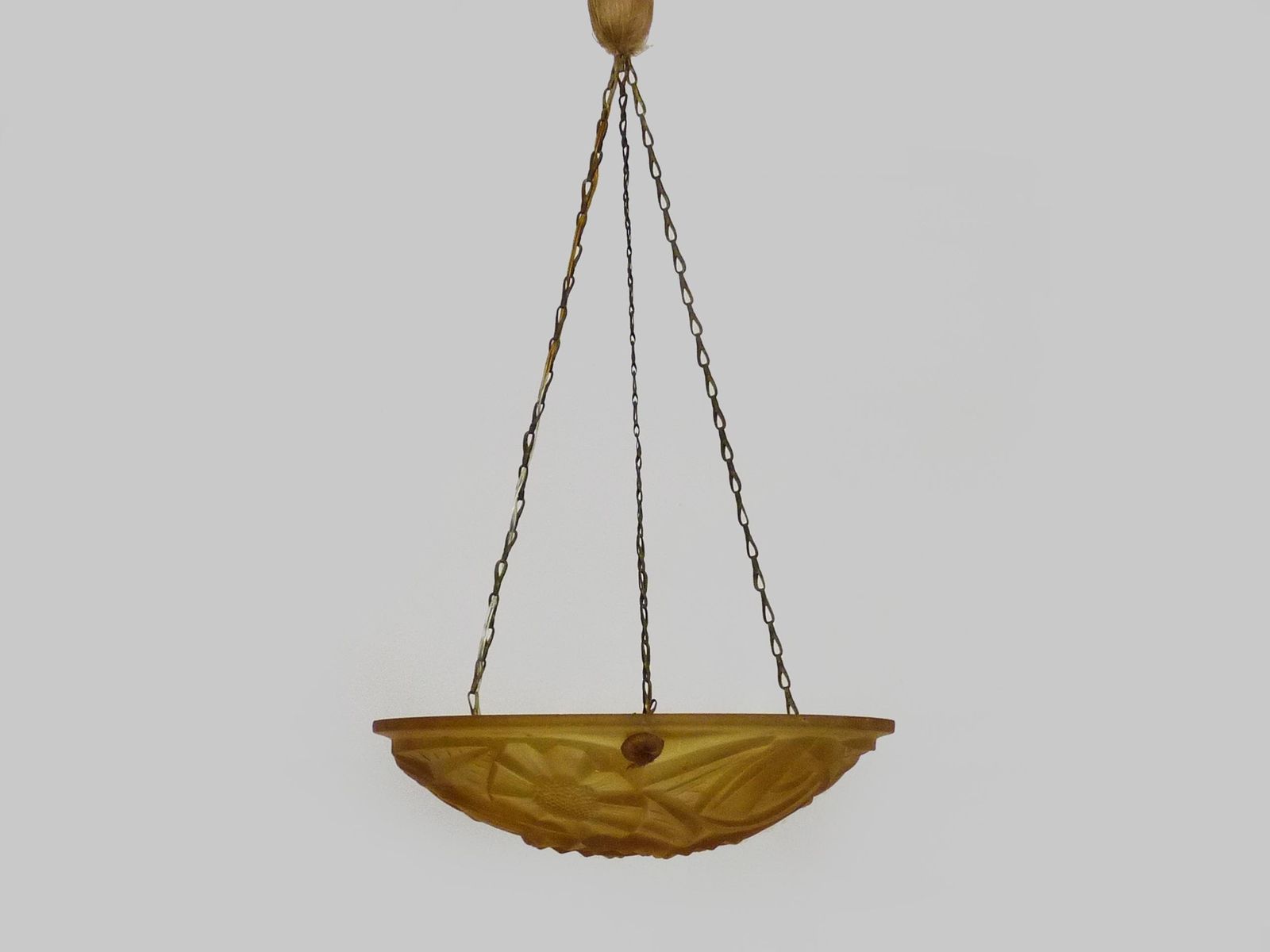Antique Degue Chandelier, Art Deco Single Light Glass Molded Bowl Pendant. Signed Degué France photo buy