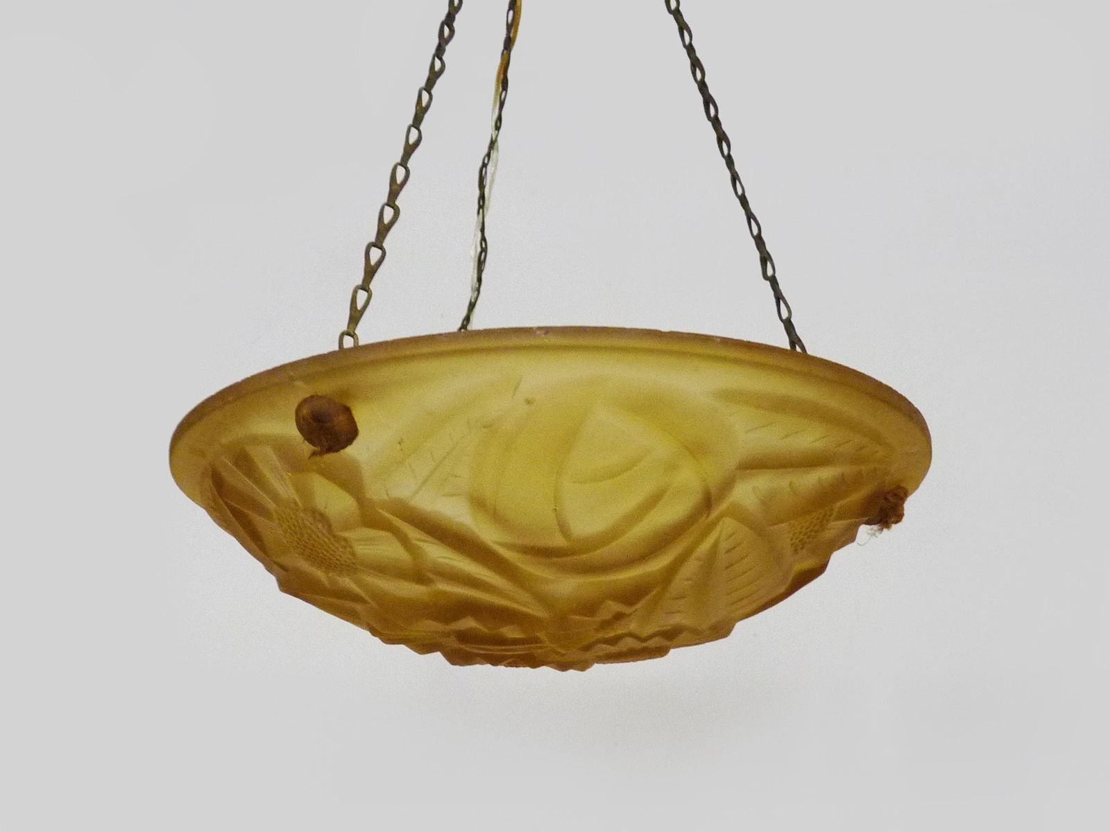 Antique Degue Chandelier, Art Deco Single Light Glass Molded Bowl Pendant. Signed Degué France photo vintage