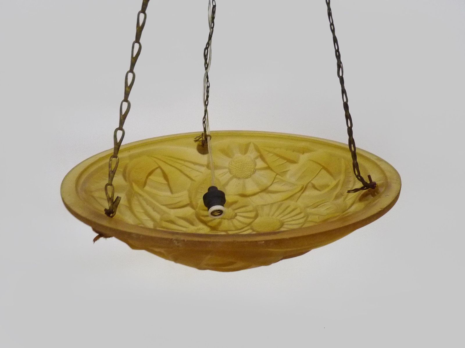 photo furniture Antique Degue Chandelier, Art Deco Single Light Glass Molded Bowl Pendant. Signed Degué France
