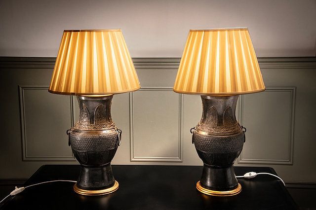 Pair Of Large Cast Brass Chinoiserie Revival Table Lamps