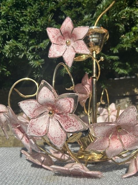 Vintage Italian Pink Glass Flower Chandelier – Murano Style – Gilt Metal photo furniture