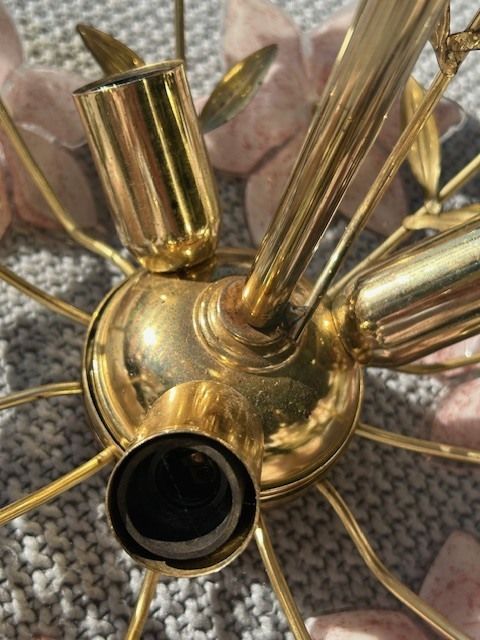 Lighting Vintage Italian Pink Glass Flower Chandelier – Murano Style – Gilt Metal photo