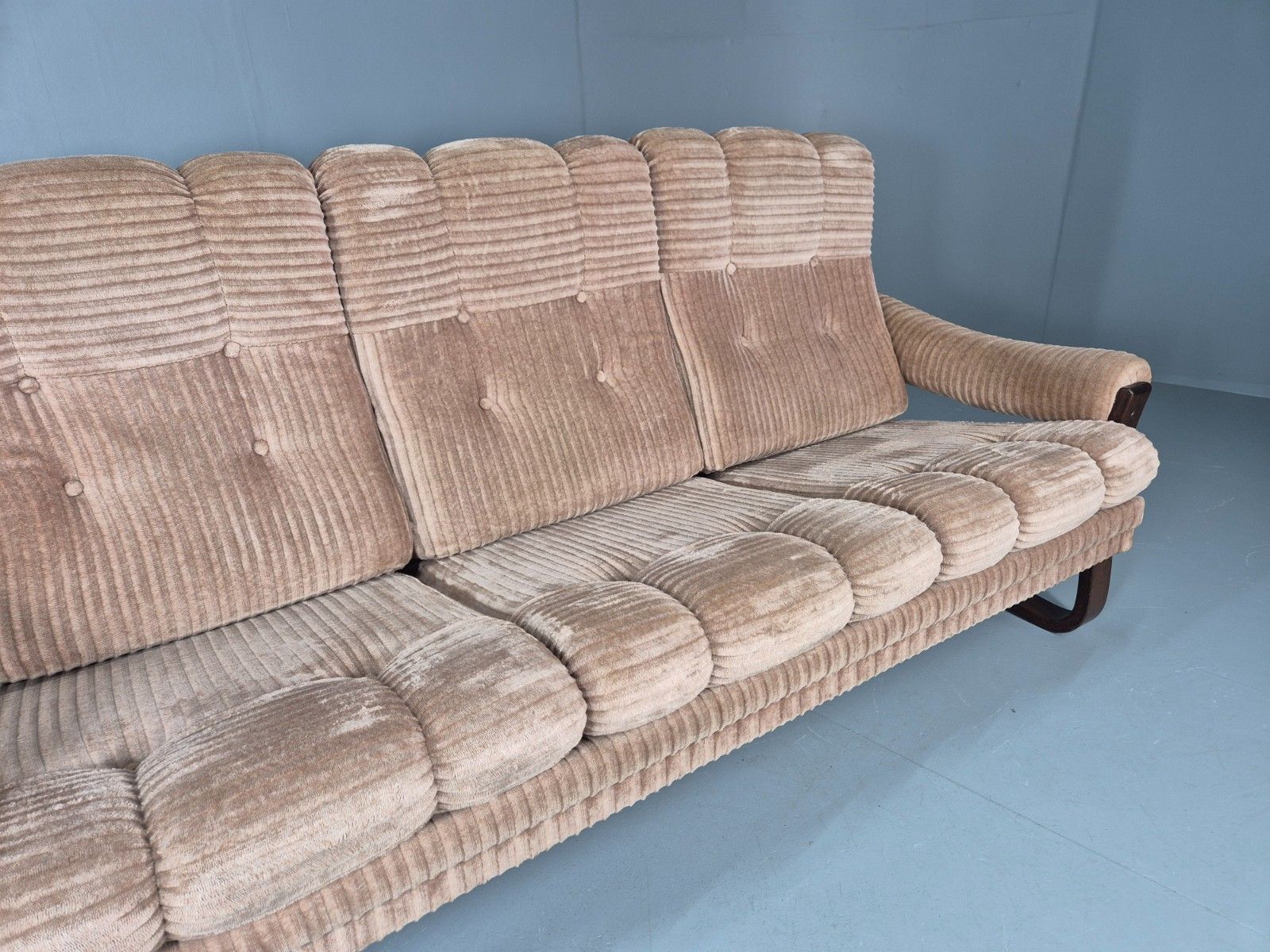 Vintage 3 Seat Sofa Beige Corduroy On Bentwood Base 1970s Retro Mcm Eb11646 M3ss photo Furniture