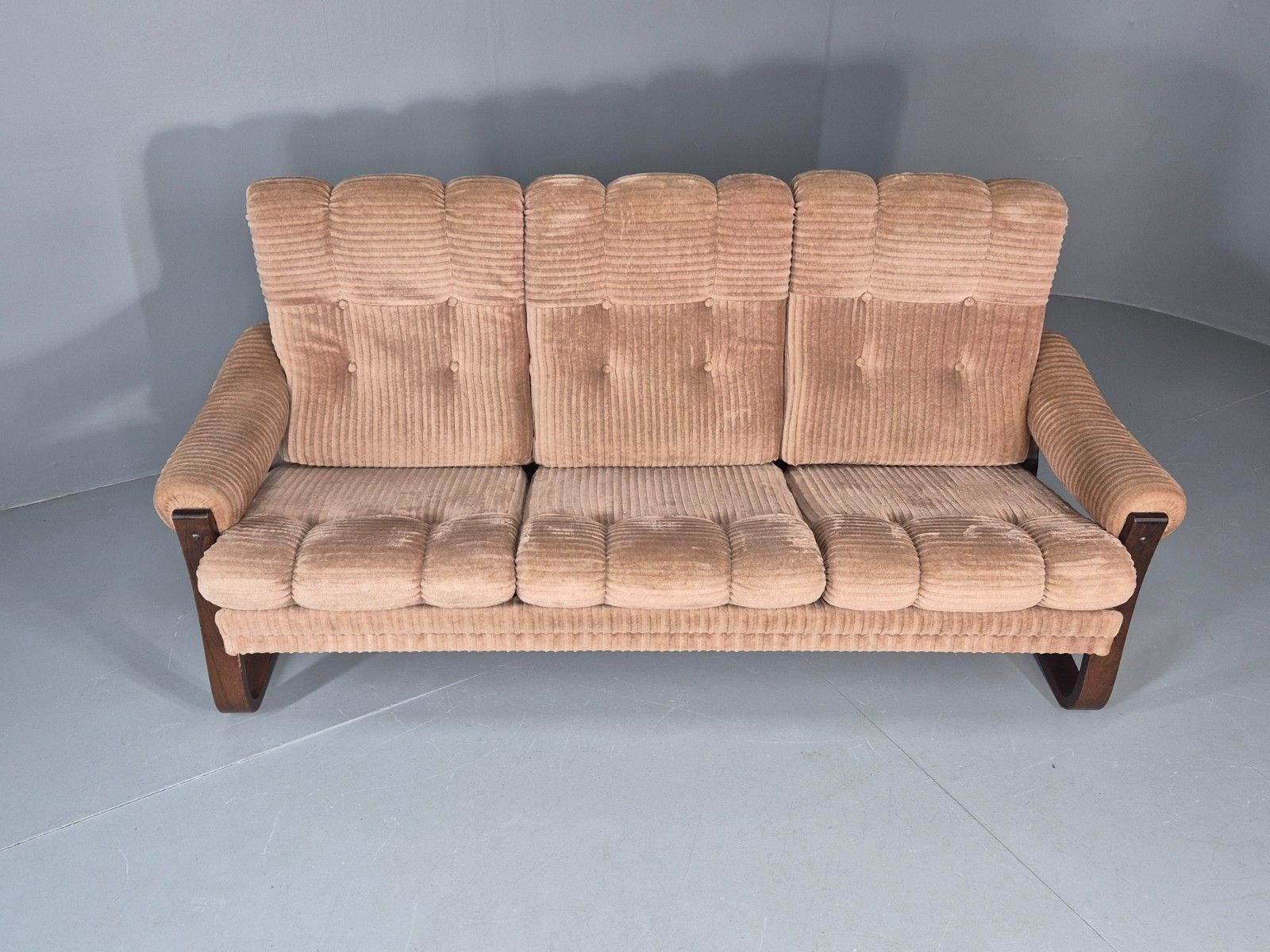 Vintage 3 Seat Sofa Beige Corduroy On Bentwood Base 1970s Retro Mcm Eb11646 M3ss photo 575.0
