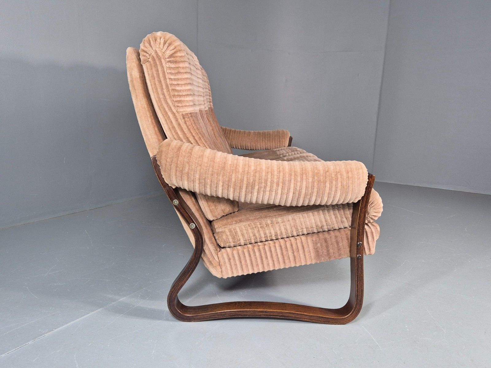Furniture Vintage 3 Seat Sofa Beige Corduroy On Bentwood Base 1970s Retro Mcm Eb11646 M3ss photo