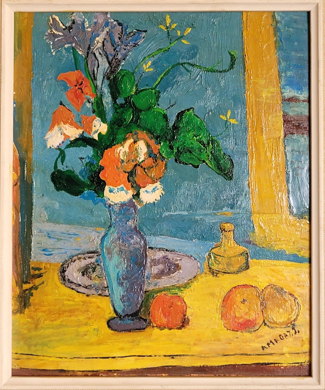 Cezanne Inspired Still Life. 'The Blue Vase". Oil On Board. 35cm X 30cm.1990 By Amaday photo furniture