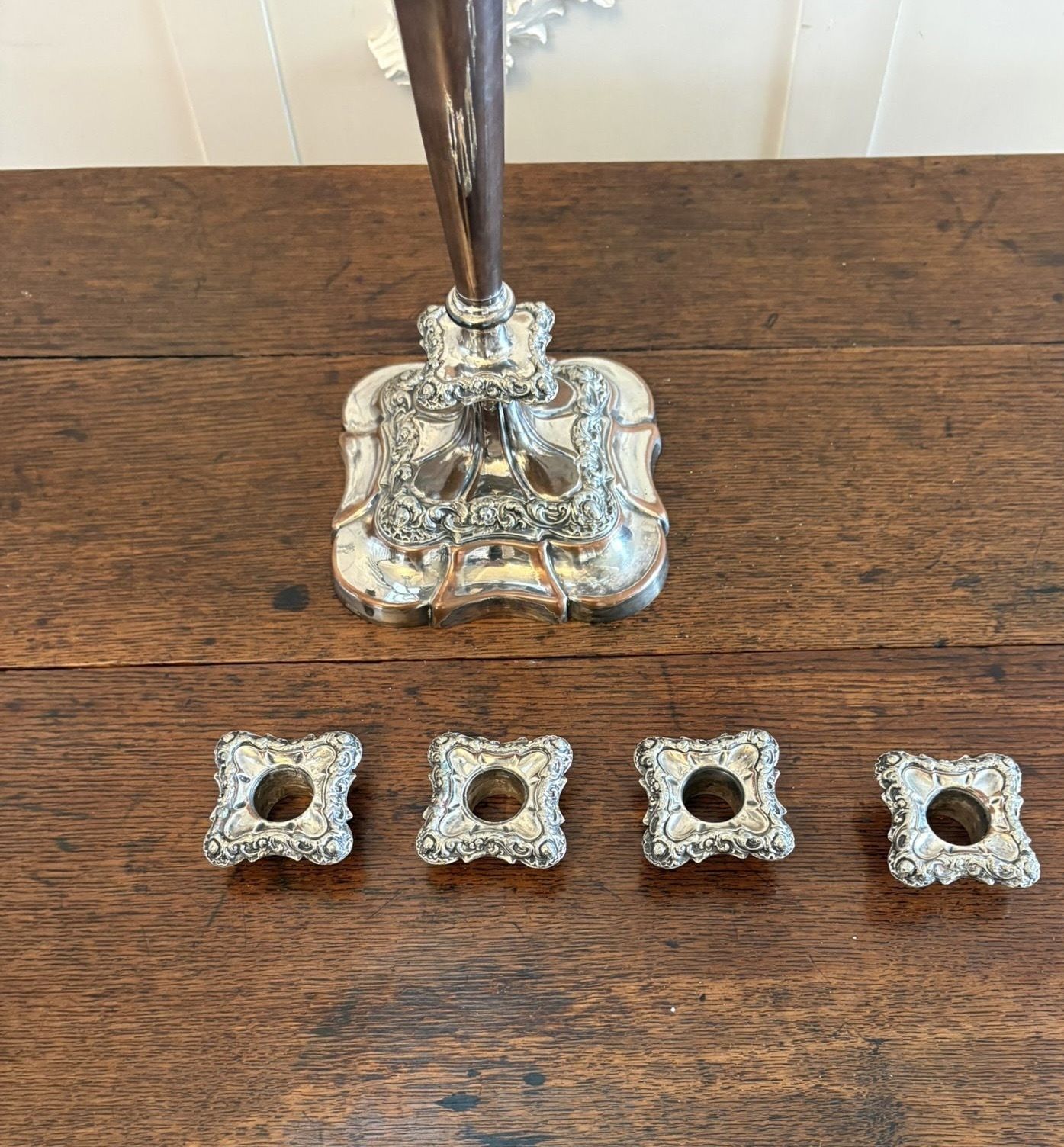 photo furniture Antique 19th Century Large Silver Plated Five Branch Candelabra Dining Table Centrepiece With Detachable Sconces