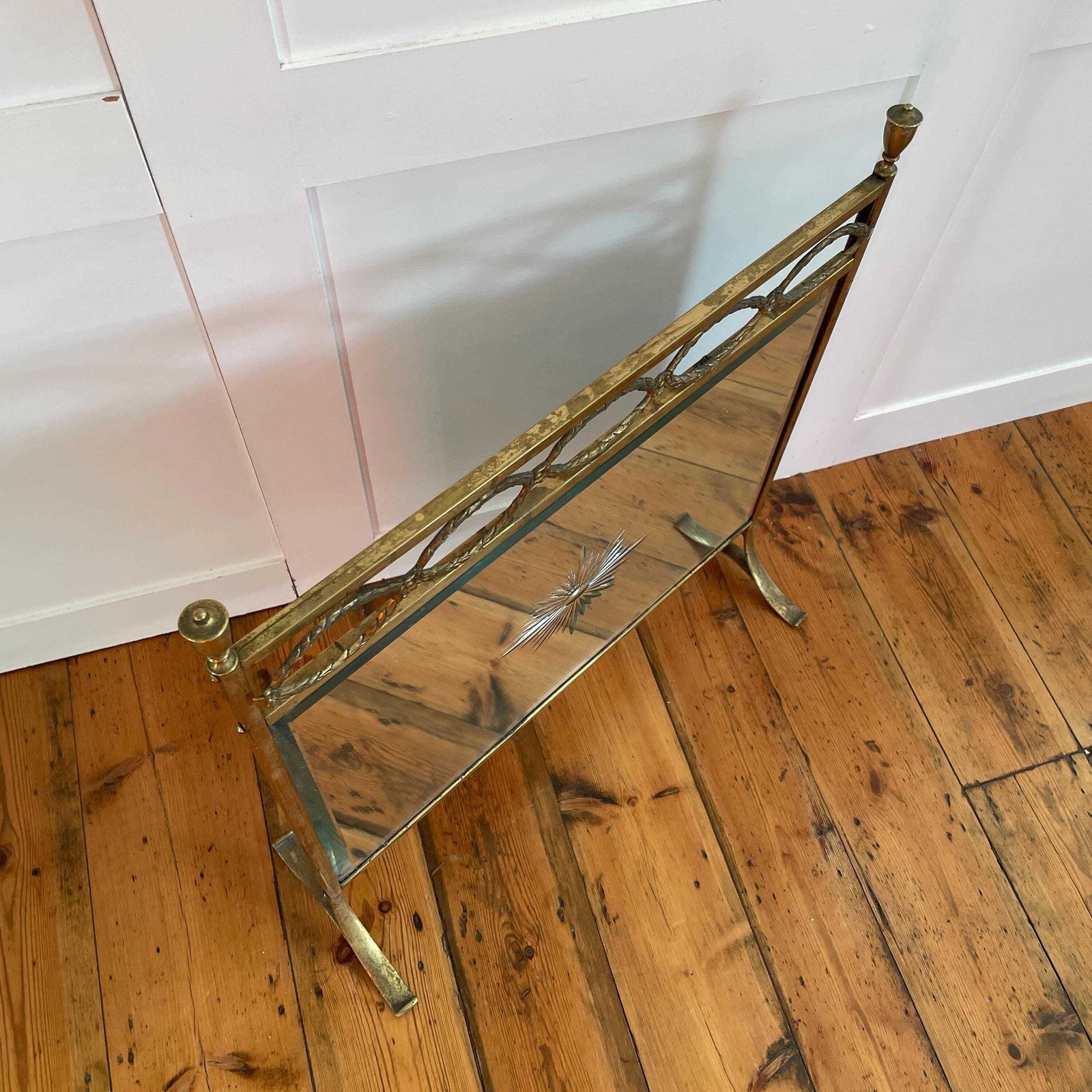Antique Fireguard Fireplace Screen Gold Brass Metal Frame Vintage Fire Guard Mirror Victorian Ornate Freestanding Detail Art Deco photo for sale