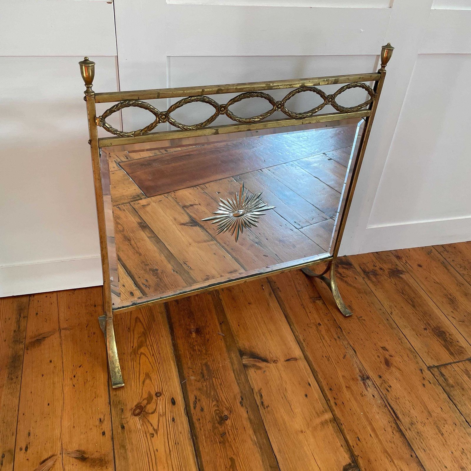 photo for sale Antique Fireguard Fireplace Screen Gold Brass Metal Frame Vintage Fire Guard Mirror Victorian Ornate Freestanding Detail Art Deco