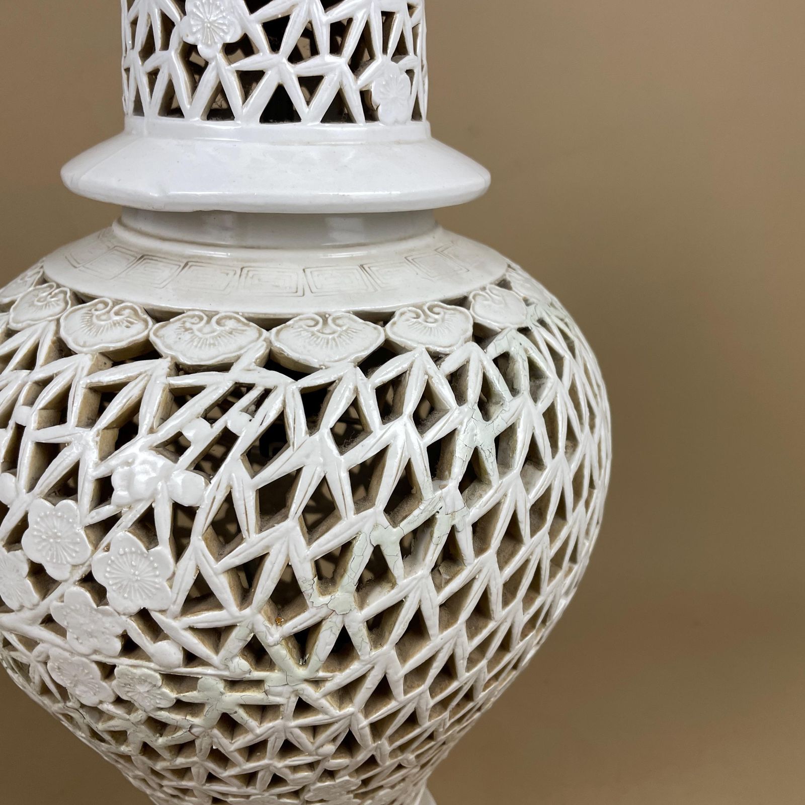 Oriental Ceramic Blanc De Chine Lamp Table Light Antique Cut Out Reticulated Vintage Patterned Bedside Ginger Gar Vase Pottery Large Pattern photo vintage