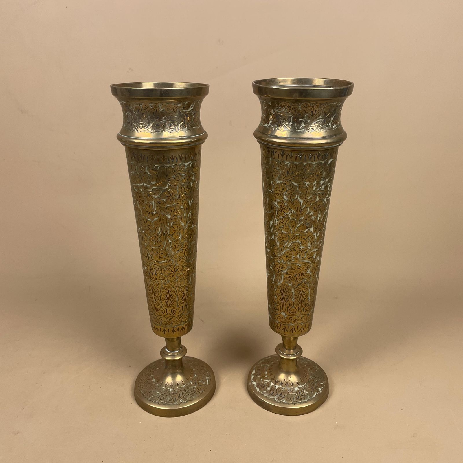 Pair Of Antique Metal Gold Indian Patterned Brass Plant Pot Vase Jardiniere Handmade Engraved Etched Intricate Vintage Decorative Asian photo Home Decor