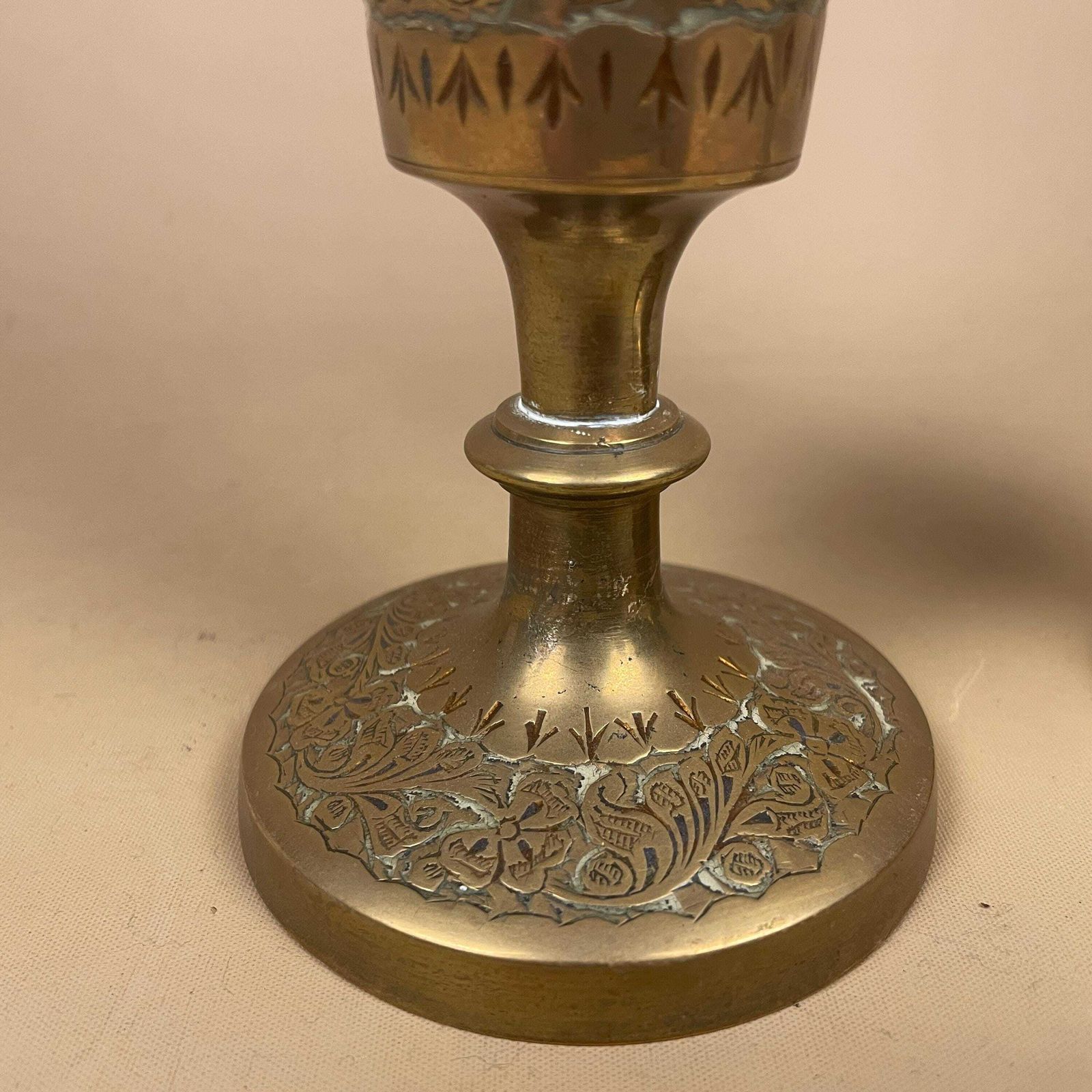Pair Of Antique Metal Gold Indian Patterned Brass Plant Pot Vase Jardiniere Handmade Engraved Etched Intricate Vintage Decorative Asian photo vinterior