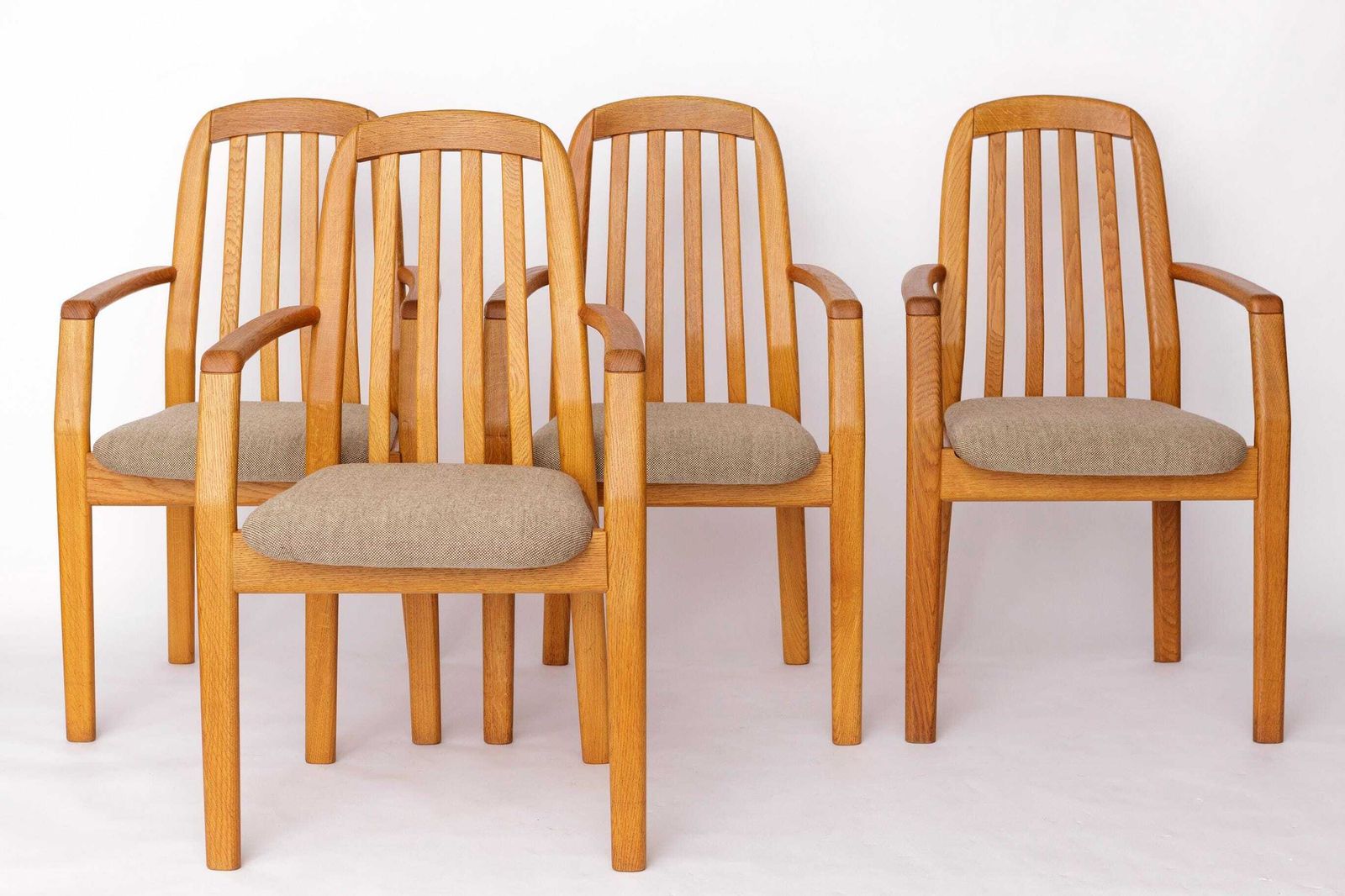 Set Of 5 Dyrlund Oak Armchairs, Danish Mid Century Dining Chairs 1970s, Solid Oak Vintage Armchairs photo furniture