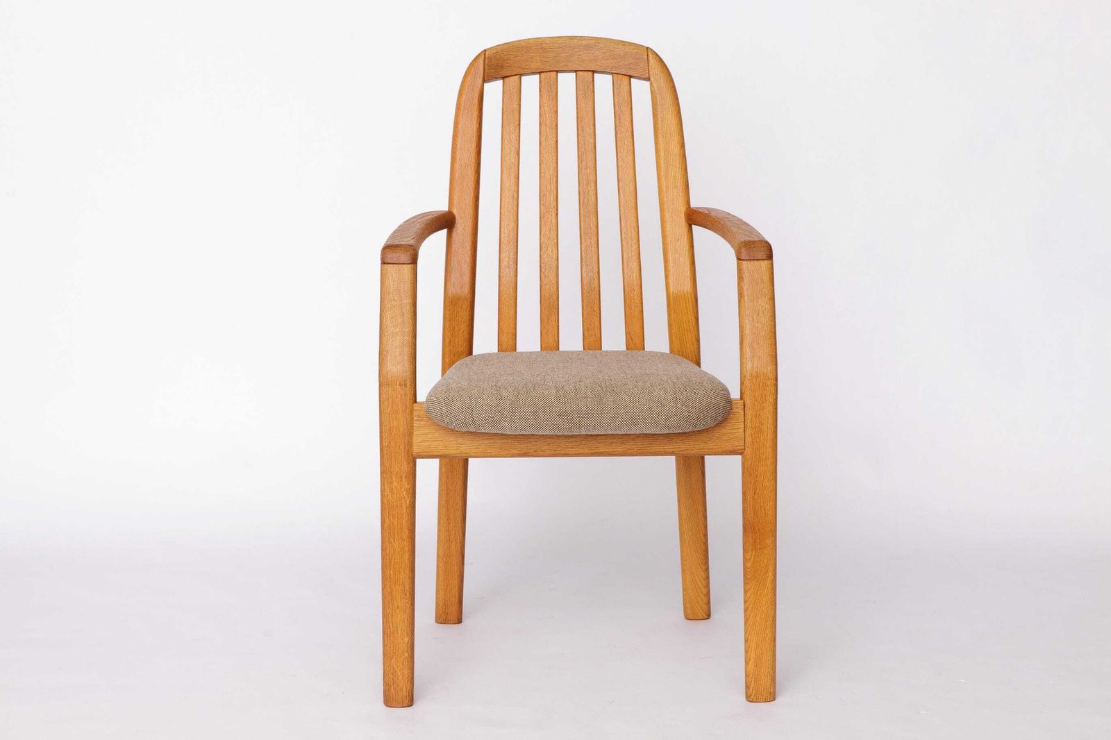 Set Of 5 Dyrlund Oak Armchairs, Danish Mid Century Dining Chairs 1970s, Solid Oak Vintage Armchairs photo for sale