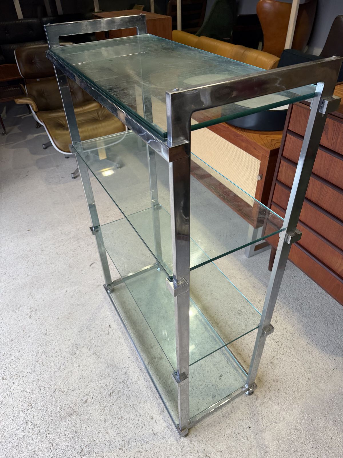 445.0 Mid Century Pieff Chrome And Glass Shelving Unit 1970s photo