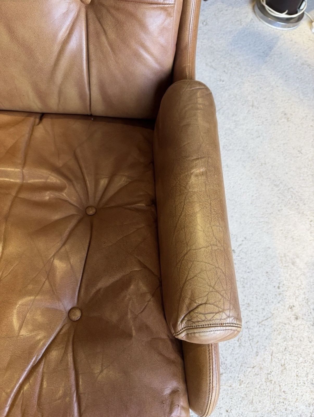 485.0 Mid Century Tan Leather Lounge Chair By Wittmann 1970s photo