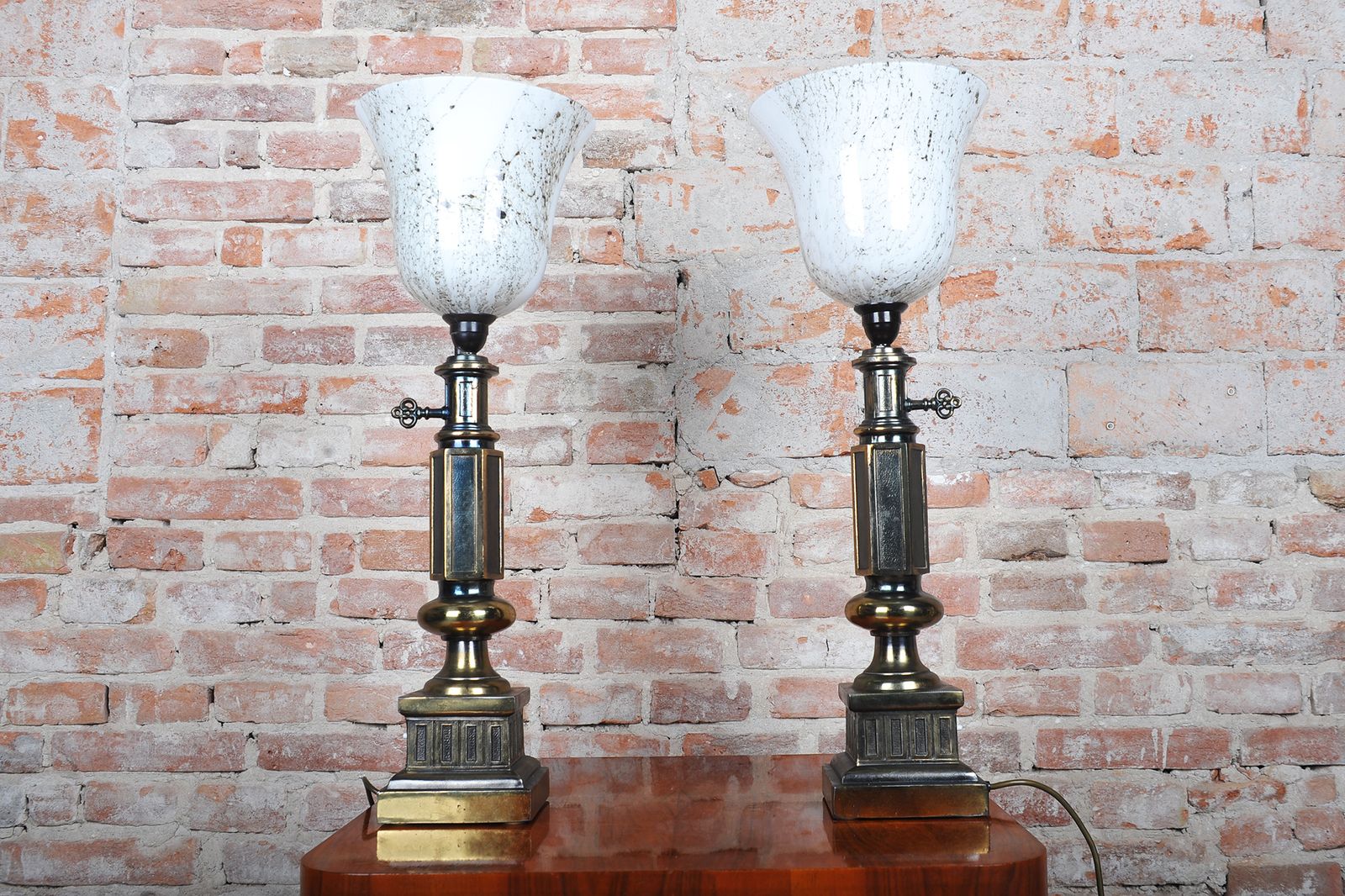 Pair Of Restored Mid Century Table Lamps, Brass, Marble Glass, France, 1950s photo furniture