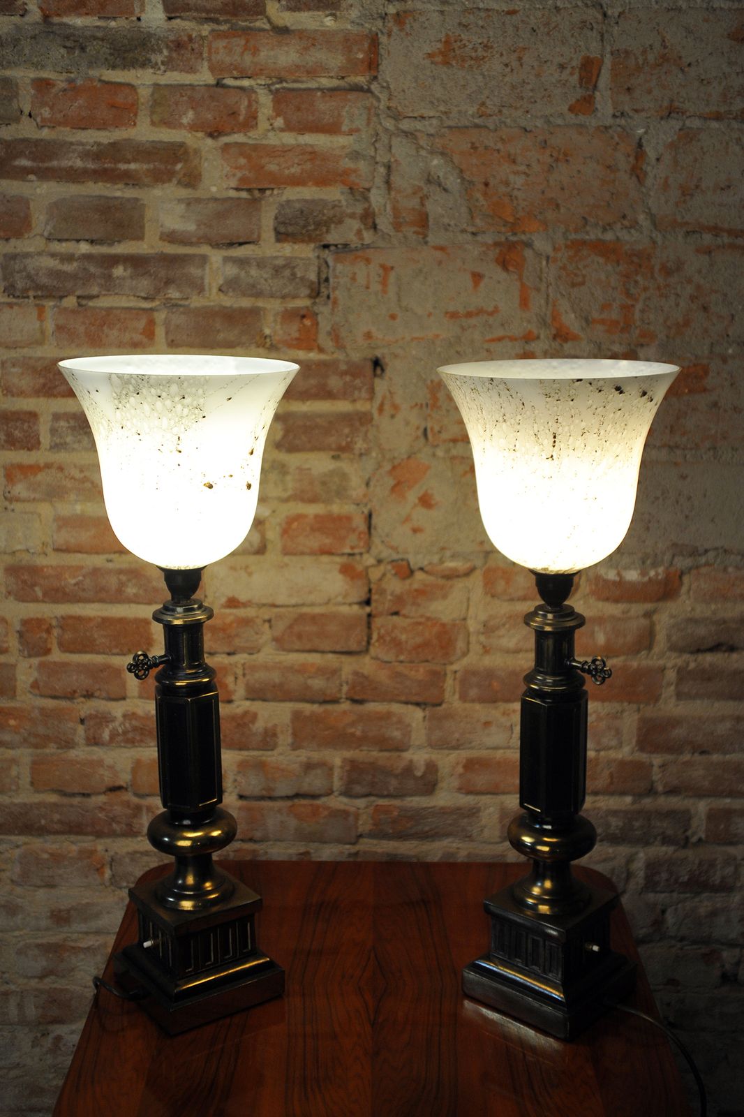 Pair Of Restored Mid Century Table Lamps, Brass, Marble Glass, France, 1950s photo vintage