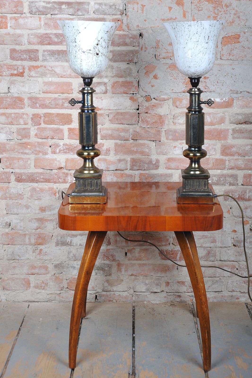 photo furniture Pair Of Restored Mid Century Table Lamps, Brass, Marble Glass, France, 1950s