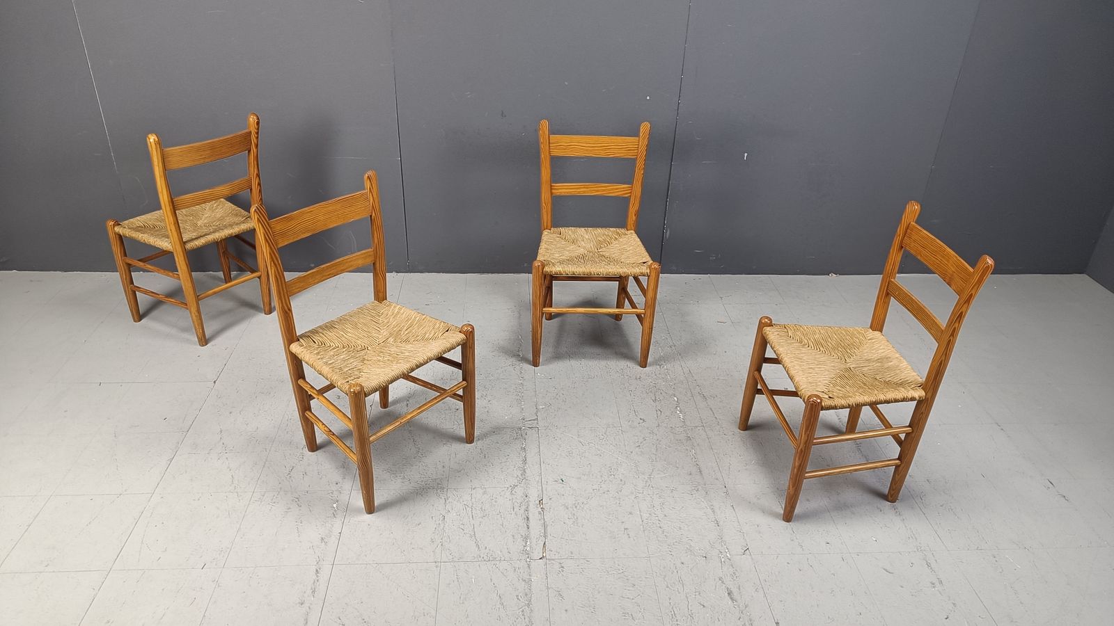 Mid Century Oak And Wicker Dining Chairs, Set Of 4   1970s photo furniture