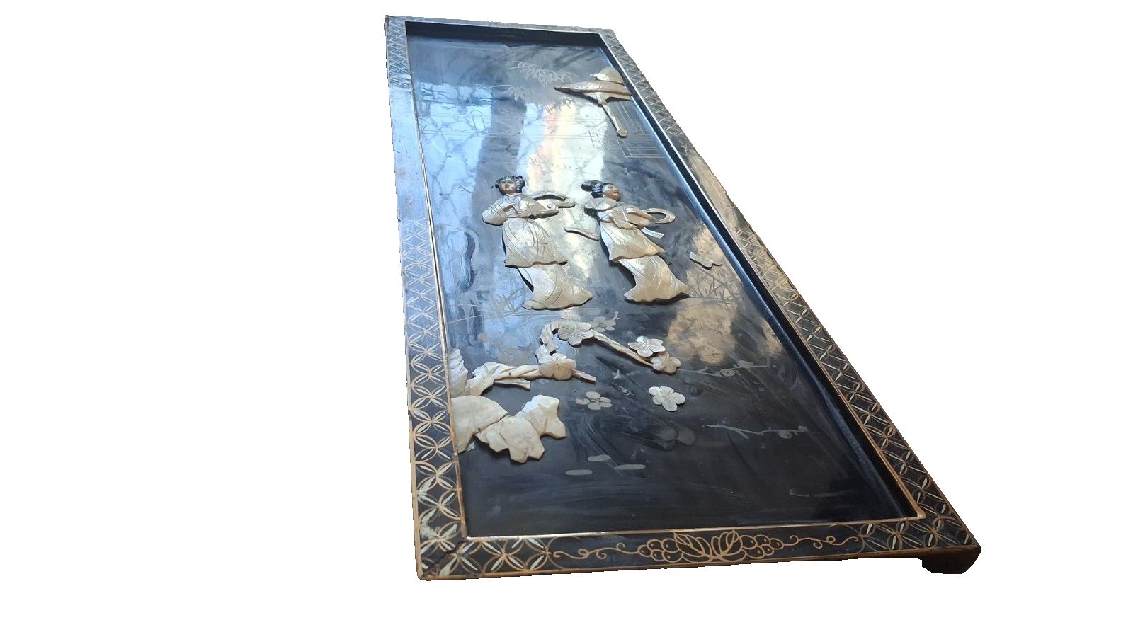 photo vintage Original  1960's Japanese Shibayama Mid Century Oriental Wall Panel