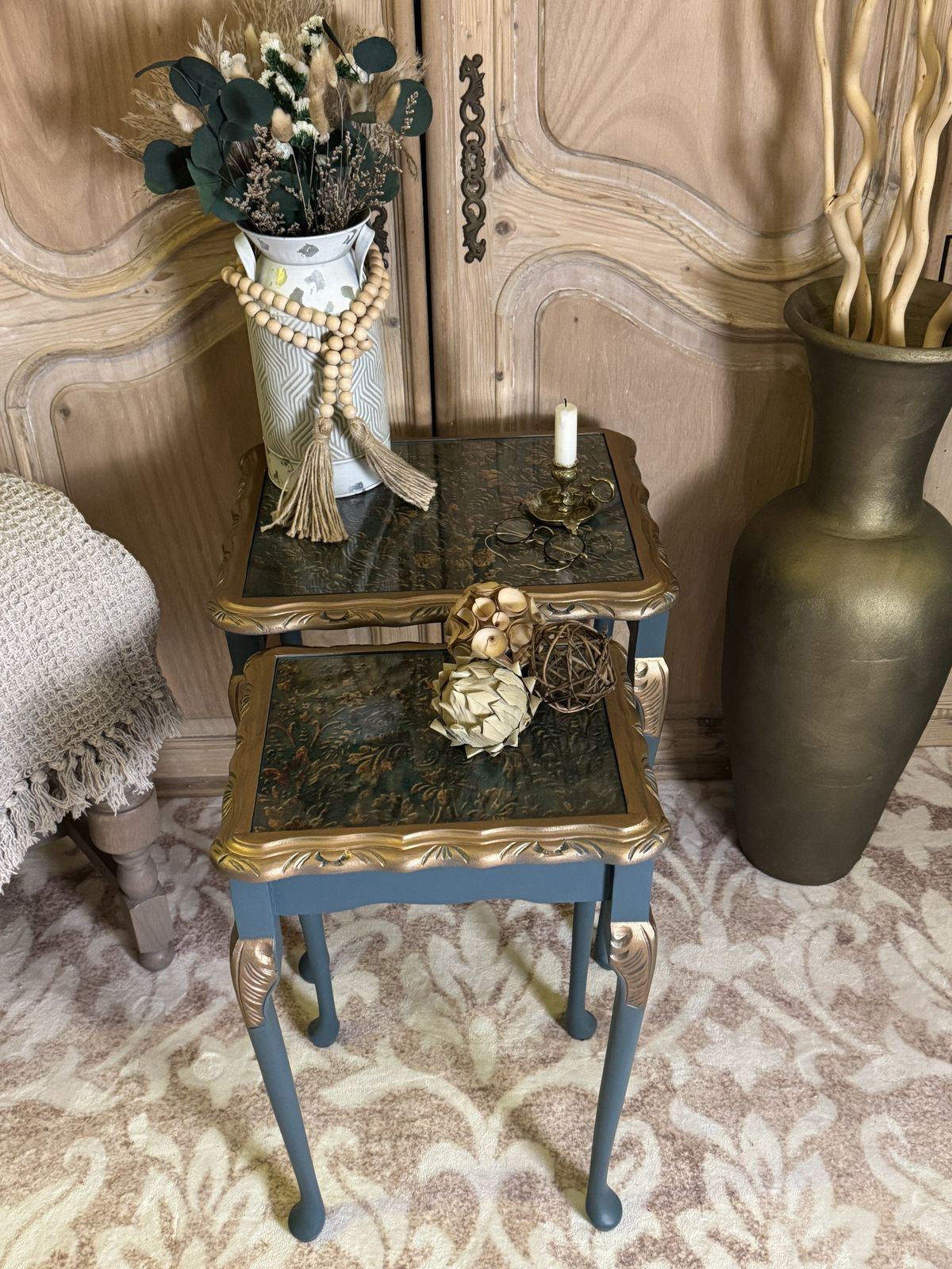 Vintage Mahogany Nest Of 2 Tables – Hand Painted & Decoupaged photo for sale