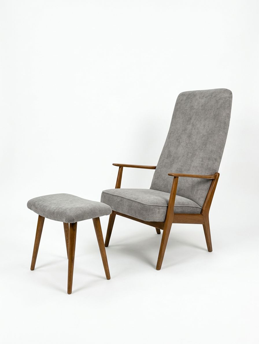 Mid‑Century Swedish High‑Back Lounge Chair & Footstool, Newly Reupholstered photo furniture