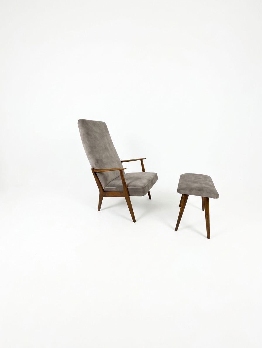 Mid‑Century Swedish High‑Back Lounge Chair & Footstool, Newly Reupholstered photo for sale