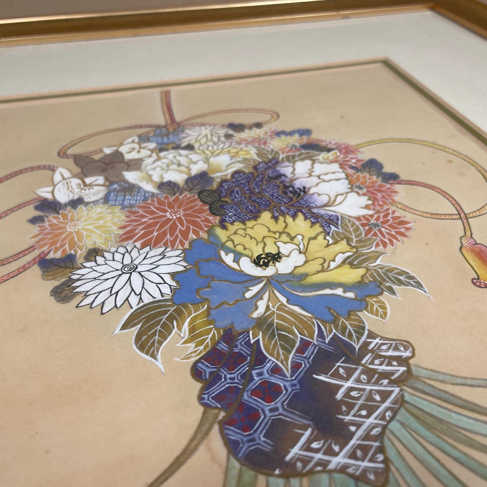 Japanese Watercolour Painting On Rice Paper Framed Floral Picture Gold Frame Vintage Hand Painted Asian Art Wall Decor photo vinterior