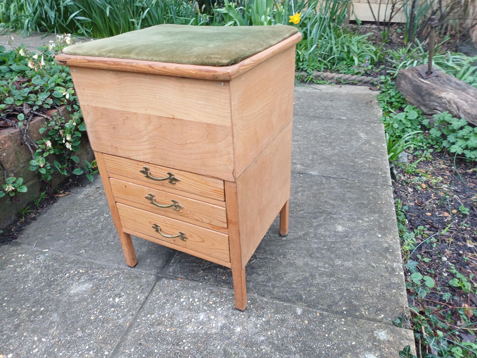 Vintage Sewing Workbox Stool 1920s Stripped Pine Craft Storage Seat With Drawers Divided Compartments Needlework Sewing Box photo buy