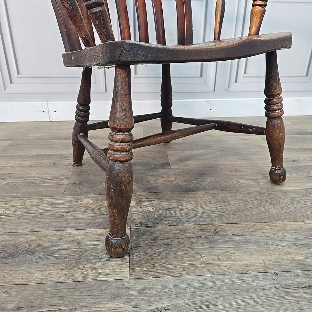 Antique Windsor Elbow Chair Lath Back Armchair Solid Wood Elm Victorian Seat photo for sale