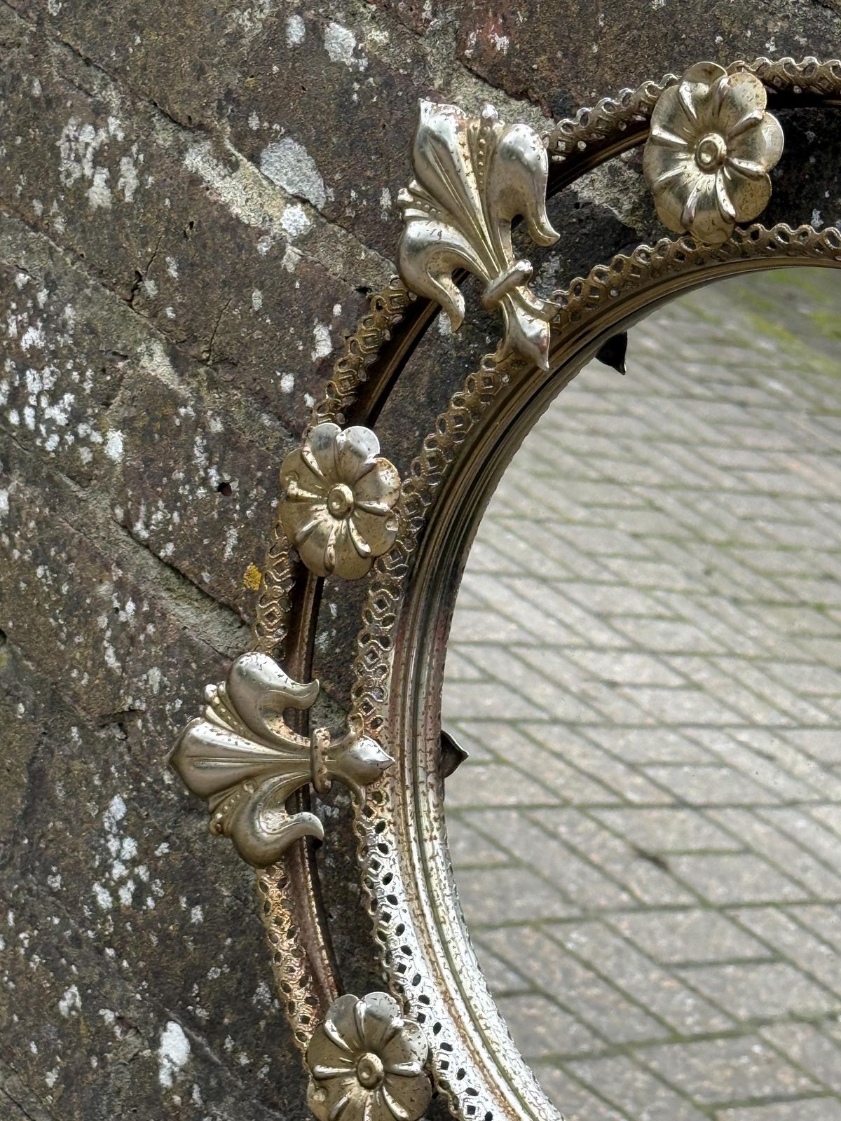 Vintage Ornate Gold Tone Wall Mirror With Floral Fleur De Lis Rustic Rusted And Retro Frame photo 85.0
