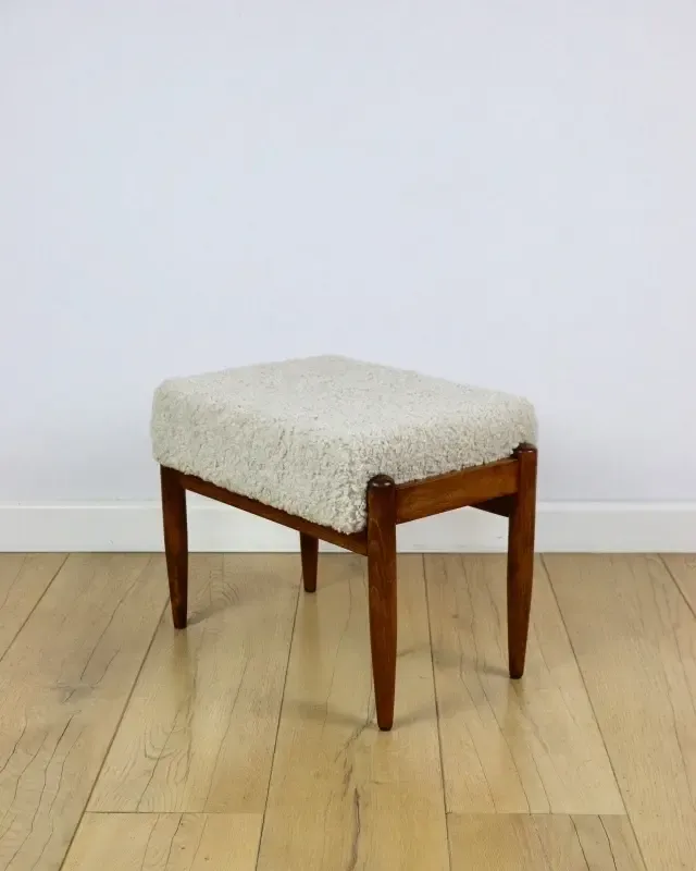 Edmund Homa Stool, Cream Ivory Seat, Beige Boucle, Long Pile, Lambskin photo furniture