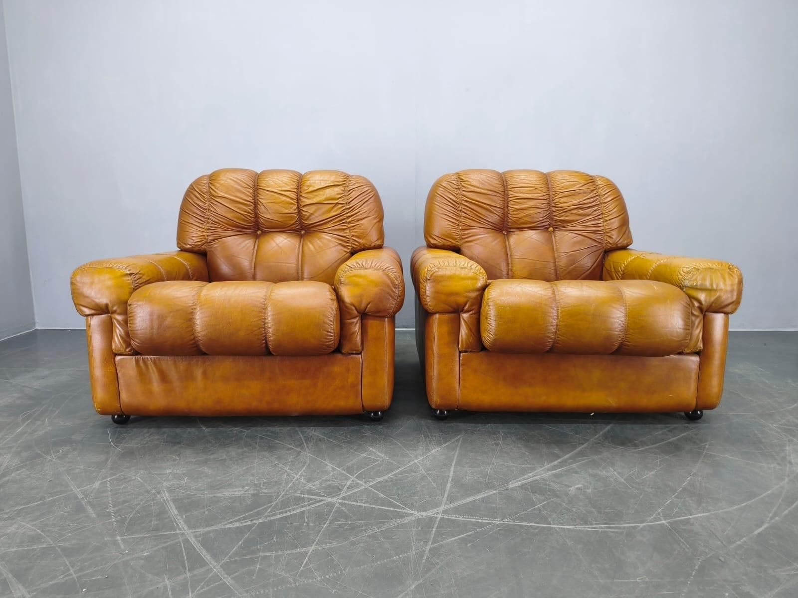 Pair Of Italian Mid Century Cognac Leather Lounge Armchairs, 1970s photo 2230.0