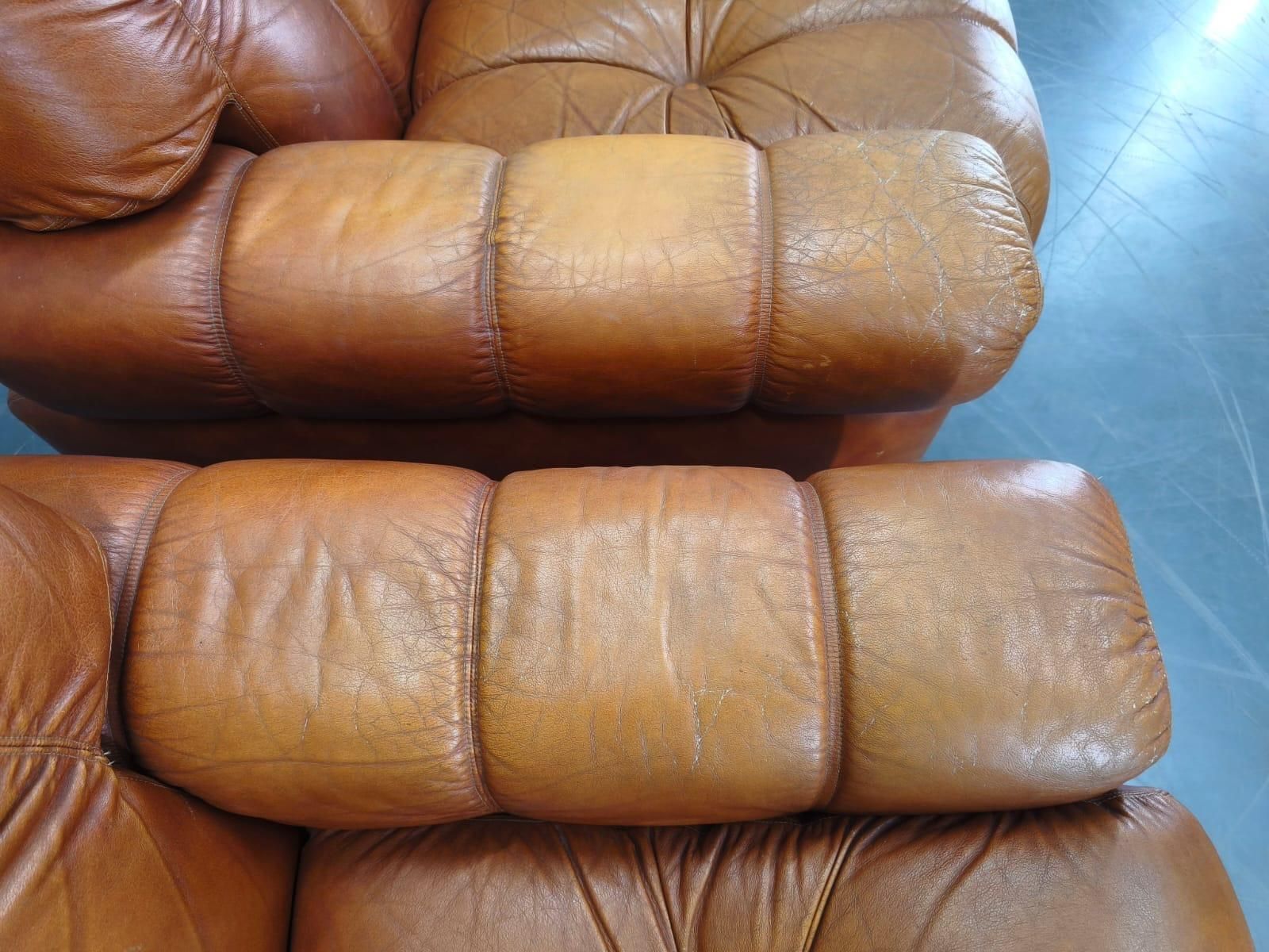Pair Of Italian Mid Century Cognac Leather Lounge Armchairs, 1970s photo vintage