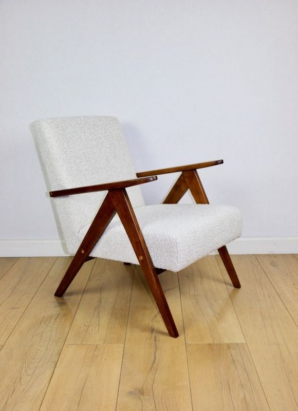 Furniture Vintage B 310 Var Armchair, White Bouclé Structure, 70s   Brown Wood photo
