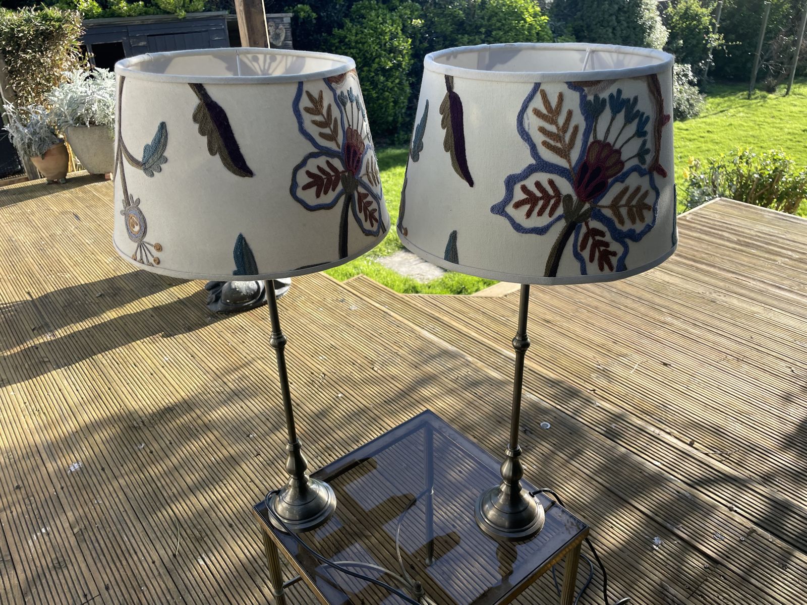 Tall Pair Of Pewter Table Lamps With Exquisite Embroidered Lampshades.