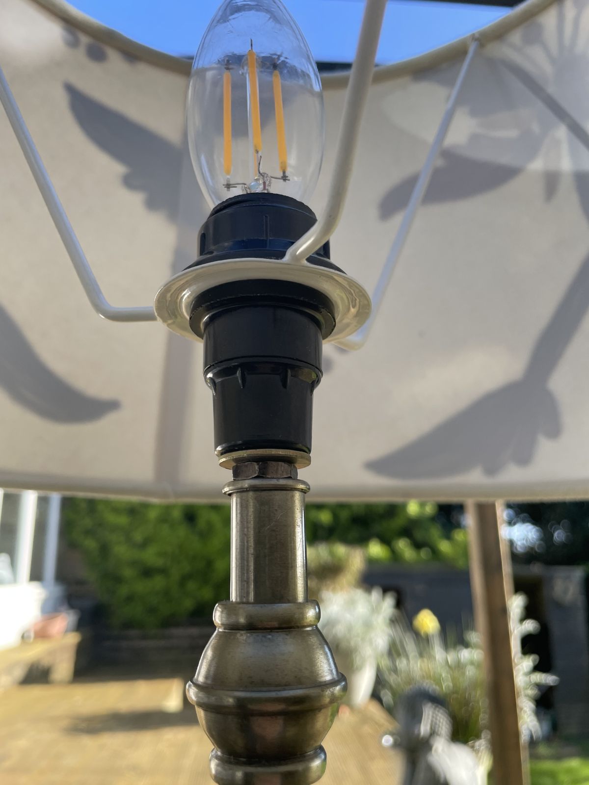 Tall Pair Of Pewter Table Lamps With Exquisite Embroidered Lampshades. photo vinterior