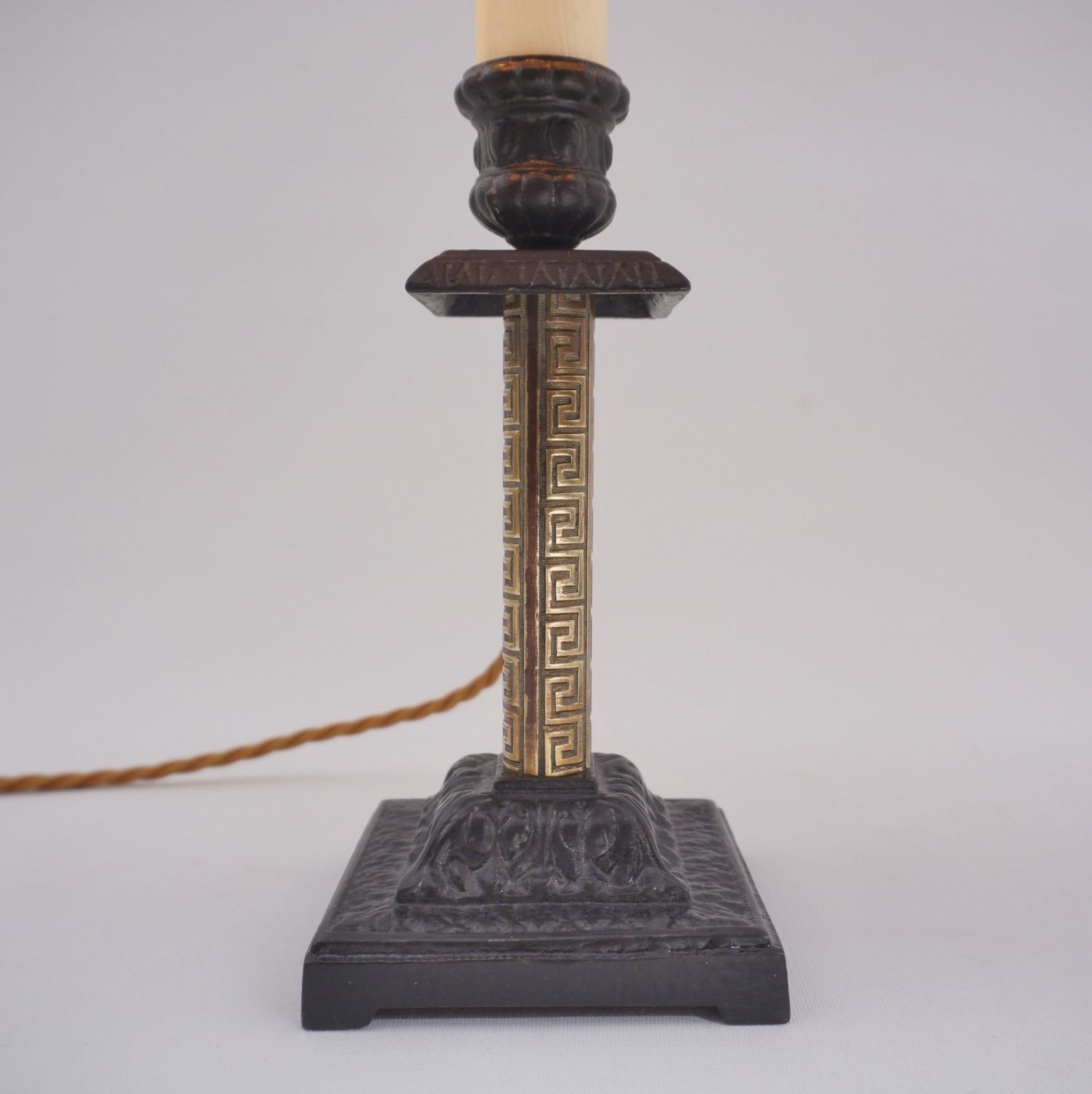 Pair Antique Candlestick Table Lamps, Aesthetic Movement, Iron & Brass, 1890`s Ca, English   Rewired photo for sale