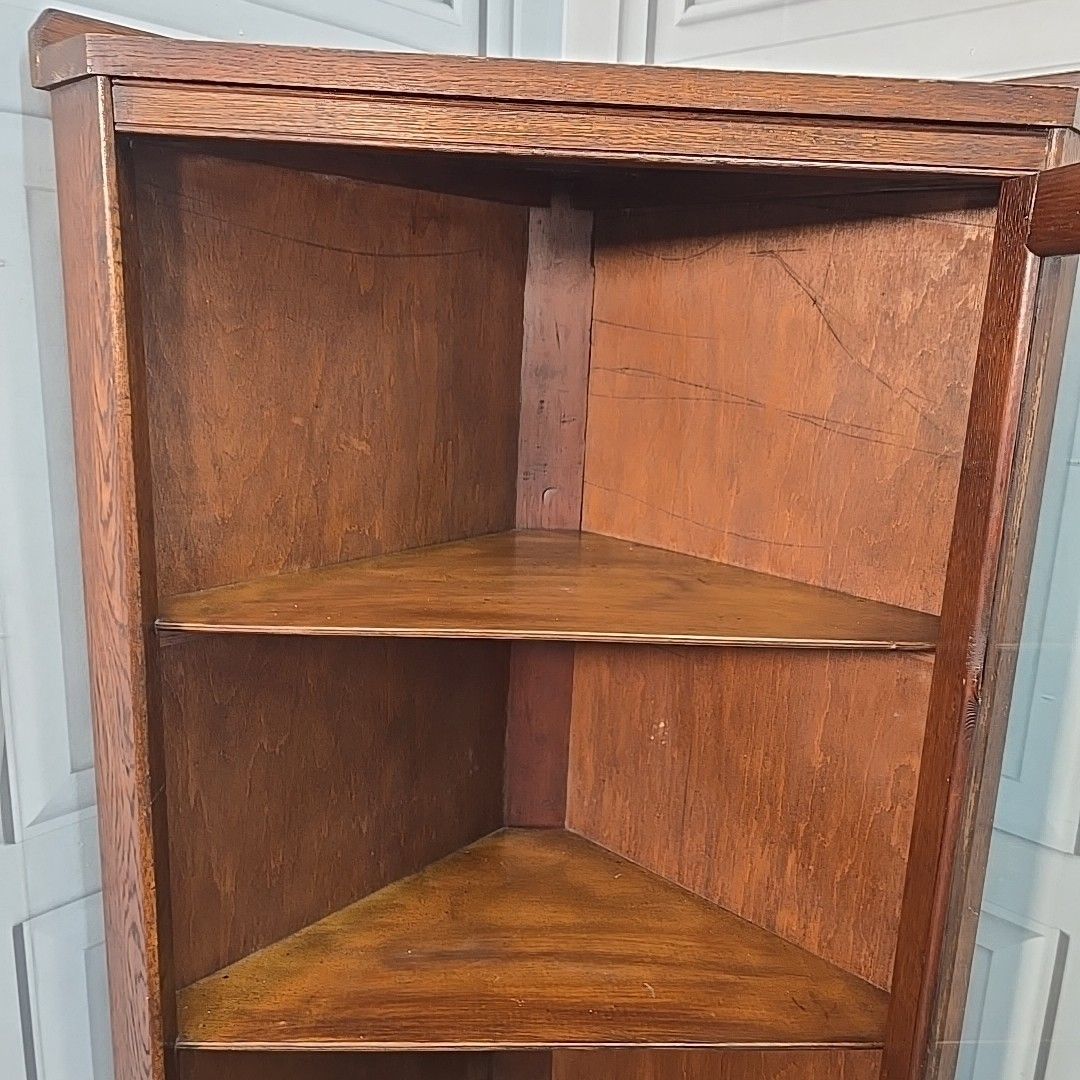 Antique Oak Corner Cabinet Glazed Door Display Shelves Cupboard Solid Wood photo buy