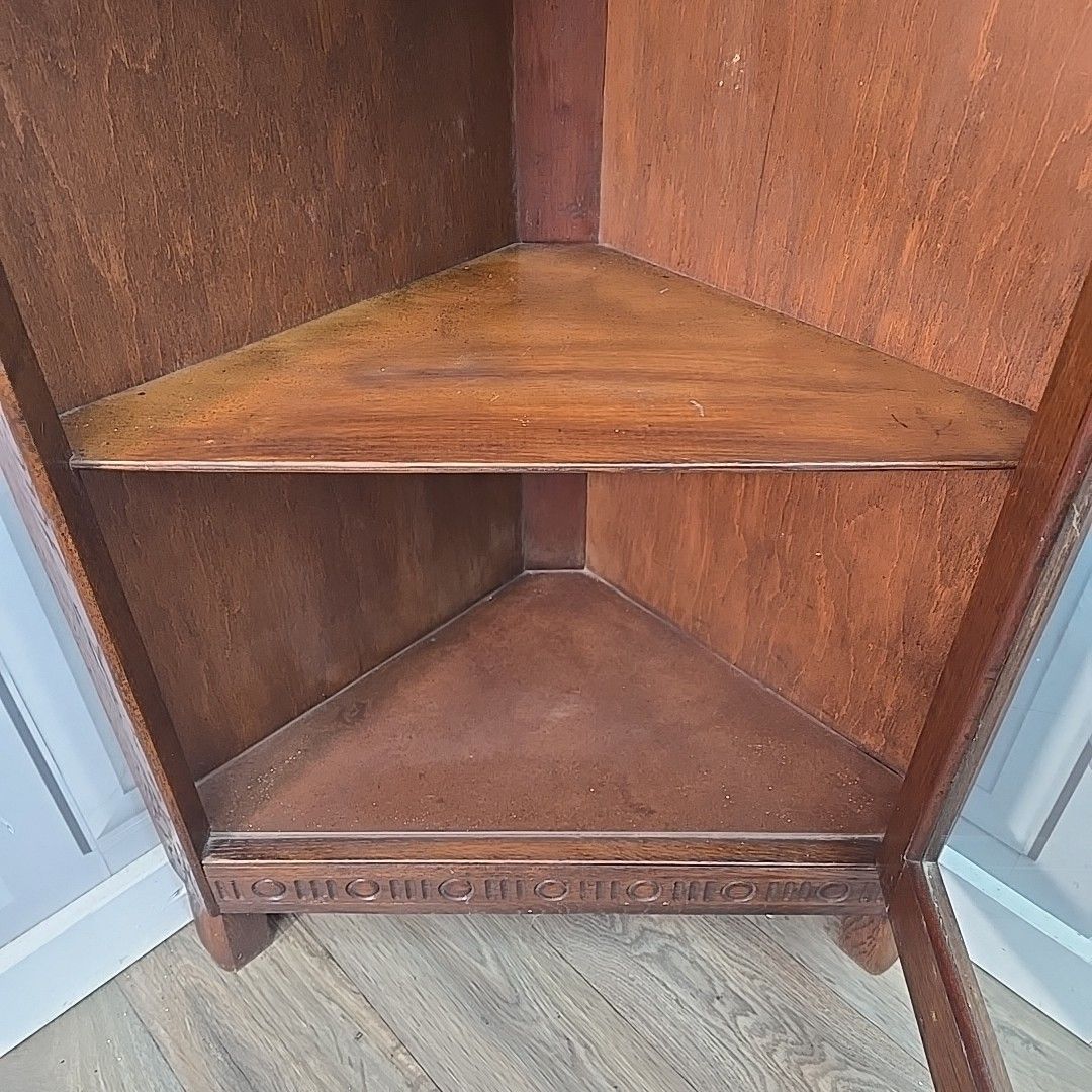 Antique Oak Corner Cabinet Glazed Door Display Shelves Cupboard Solid Wood photo vintage