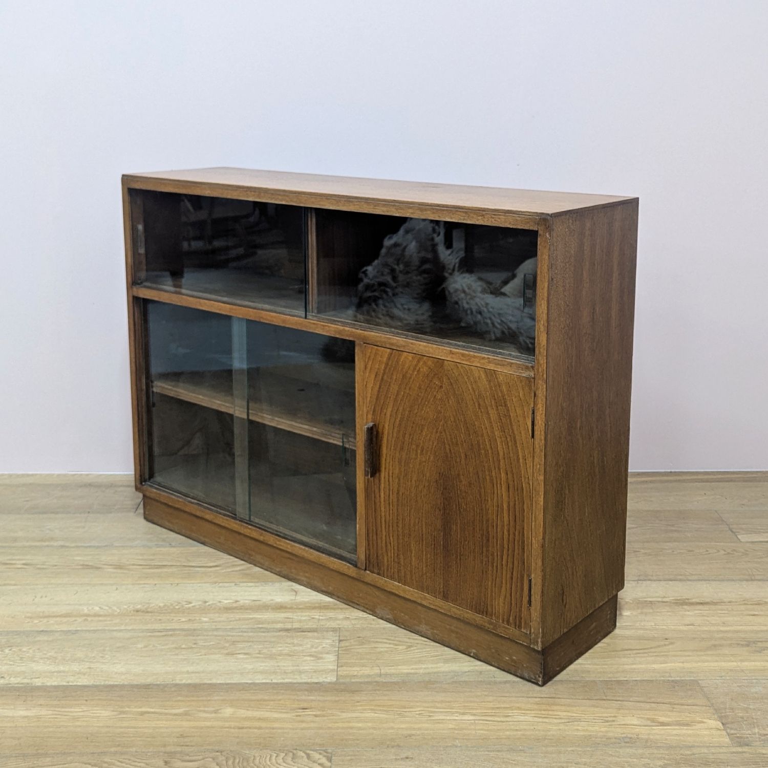 Vintage 1950s Oak Glazed Bookcase Cabinet photo vintage